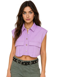 Thumbnail for Woman wearing a purple sleeveless denim shirt on a white background
