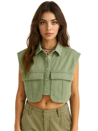 Thumbnail for Woman wearing a green sleeveless vest on a white background