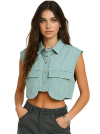 Thumbnail for Woman wearing a light blue sleeveless denim vest on a white background