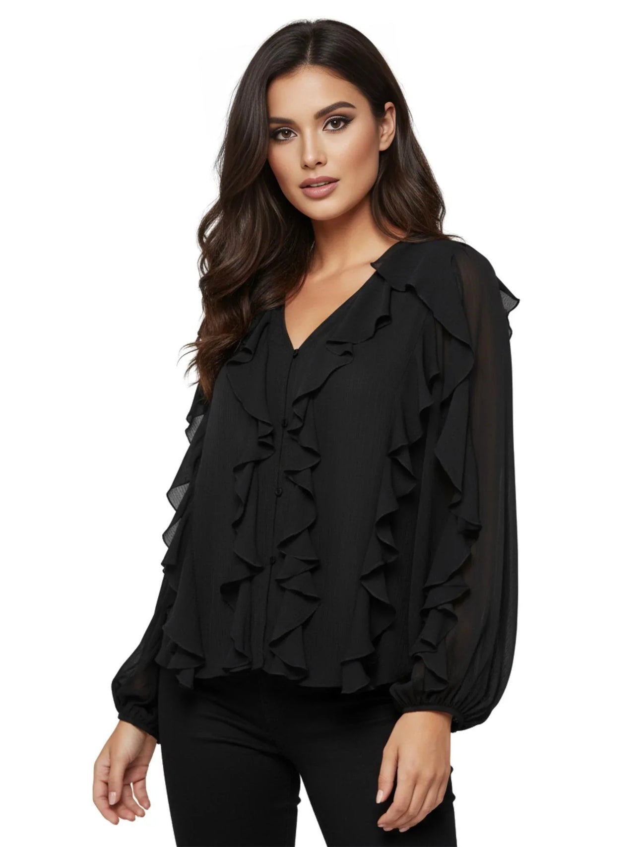 Woman wearing a black ruffled blouse on a white background