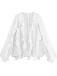 Thumbnail for Women's V-Neck Ruffle Blouse Fashion Single Breasted Tiered Translucent Causal Tops Beach Style Solid Shirts, Drestiny, Casual Shirts, Dress Shirts, Long Sleeves, United States, USA, Canada, Australia, New Zealand, United Kingdom, UK, XS, S, M, L, 2, 4, 6, 8, 10, Beige, Wine Red, Red, Black, White, Dusty Blue, Pink, Yellow, Green, Brown,  v-neck ruffle top, women's v-neck blouses, frill neck top, ladies v neck shirt, elegant white ruffle blouse, shopdrestiny.com
