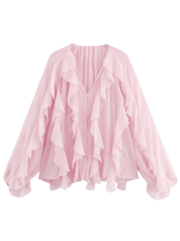 Thumbnail for Women's V-Neck Ruffle Blouse Fashion Single Breasted Tiered Translucent Causal Tops Beach Style Solid Shirts, Drestiny, Casual Shirts, Dress Shirts, Long Sleeves, United States, USA, Canada, Australia, New Zealand, United Kingdom, UK, XS, S, M, L, 2, 4, 6, 8, 10, Beige, Wine Red, Red, Black, White, Dusty Blue, Pink, Yellow, Green, Brown,  v-neck ruffle top, women's v-neck blouses, frill neck top, ladies v neck shirt, elegant ruffle blouse, shopdrestiny.com