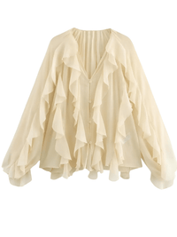 Thumbnail for Women's V-Neck Ruffle Blouse Fashion Single Breasted Tiered Translucent Causal Tops Beach Style Solid Shirts, Drestiny, Casual Shirts, Dress Shirts, Long Sleeves, United States, USA, Canada, Australia, New Zealand, United Kingdom, UK, XS, S, M, L, 2, 4, 6, 8, 10, Beige, Wine Red, Red, Black, White, Dusty Blue, Pink, Yellow, Green, Brown,  v-neck ruffle top, women's v-neck blouses, frill neck top, ladies v neck shirt, elegant ruffle blouse, shopdrestiny.com