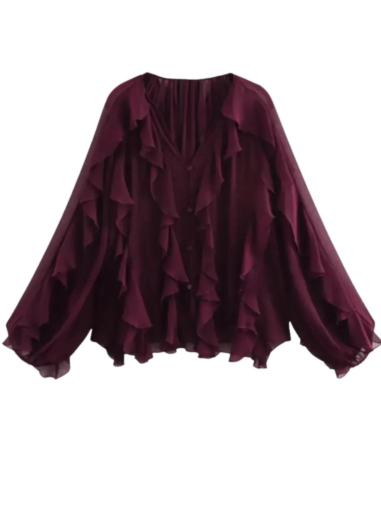 Dark red ruffled blouse on a white background