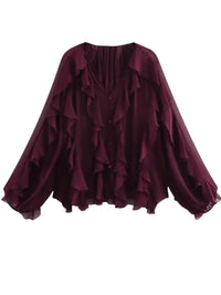Thumbnail for Dark red ruffled blouse on a white background
