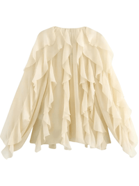 Thumbnail for Women's V-Neck Ruffle Blouse Fashion Single Breasted Tiered Translucent Causal Tops Beach Style Solid Shirts, Drestiny, Casual Shirts, Dress Shirts, Long Sleeves, United States, USA, Canada, Australia, New Zealand, United Kingdom, UK, XS, S, M, L, 2, 4, 6, 8, 10, Beige, Wine Red, Red, Black, White, Dusty Blue, Pink, Yellow, Green, Brown,  v-neck ruffle top, women's v-neck blouses, frill neck top, ladies v neck shirt, elegant ruffle blouse, shopdrestiny.com