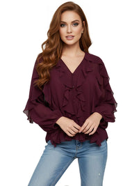 Thumbnail for Woman wearing a dark red ruffled blouse and blue jeans on a white background