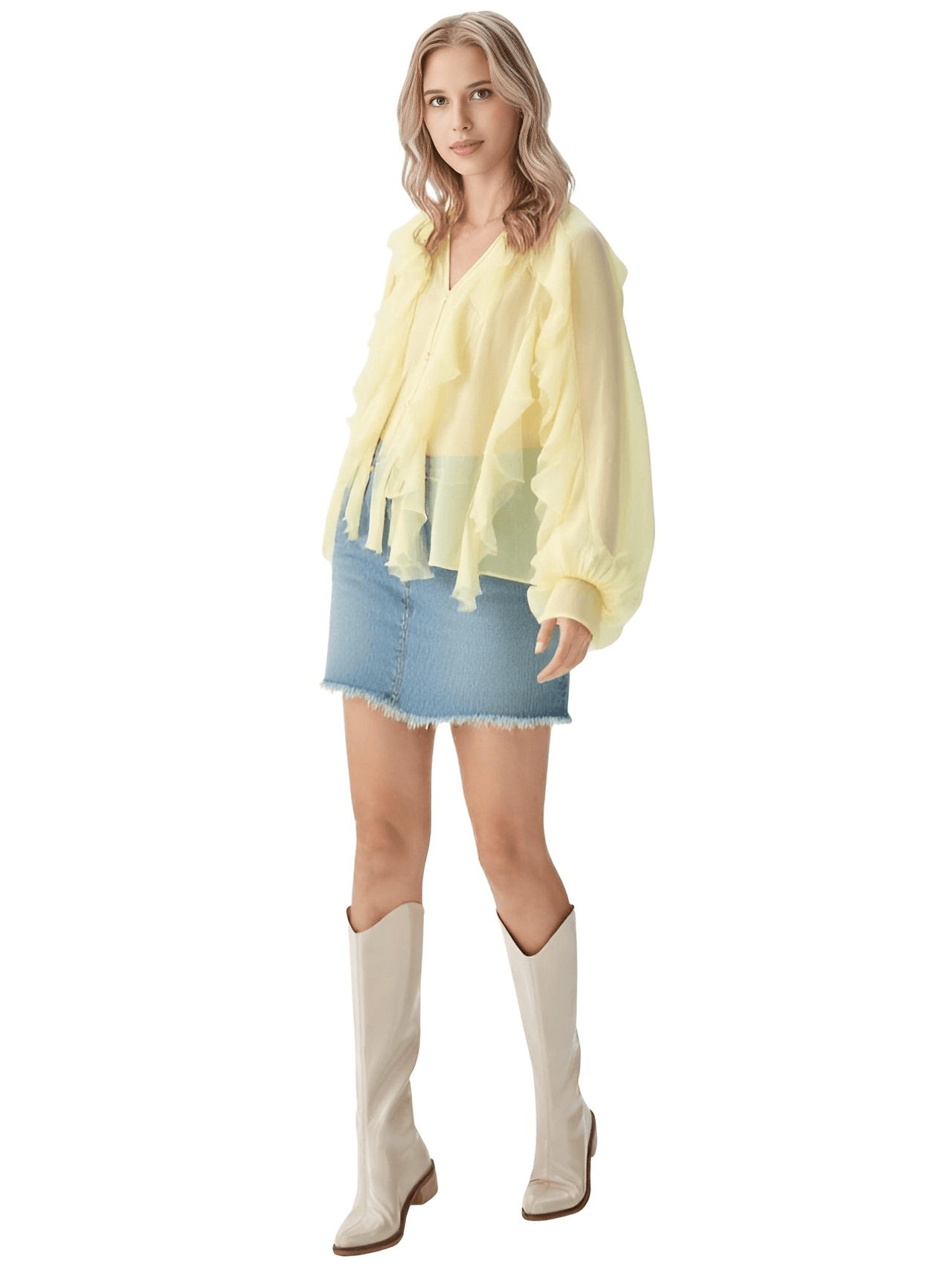 Women's V-Neck Ruffle Blouse Fashion Single Breasted Tiered Translucent Causal Tops Beach Style Solid Shirts, Drestiny, Casual Shirts, Dress Shirts, Long Sleeves, United States, USA, Canada, Australia, New Zealand, United Kingdom, UK, XS, S, M, L, 2, 4, 6, 8, 10, Beige, Wine Red, Red, Black, White, Dusty Blue, Pink, Yellow, Green, Brown,  v-neck ruffle top, women's v-neck blouses, frill neck top, ladies v neck shirt, elegant ruffle blouse, shopdrestiny.com