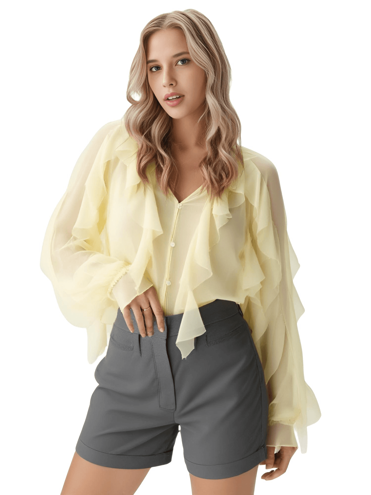 Women's V-Neck Ruffle Blouse Fashion Single Breasted Tiered Translucent Causal Tops Beach Style Solid Shirts, Drestiny, Casual Shirts, Dress Shirts, Long Sleeves, United States, USA, Canada, Australia, New Zealand, United Kingdom, UK, XS, S, M, L, 2, 4, 6, 8, 10, Beige, Wine Red, Red, Black, White, Dusty Blue, Pink, Yellow, Green, Brown,  v-neck ruffle top, women's v-neck blouses, frill neck top, ladies v neck shirt, elegant ruffle blouse, shopdrestiny.com
