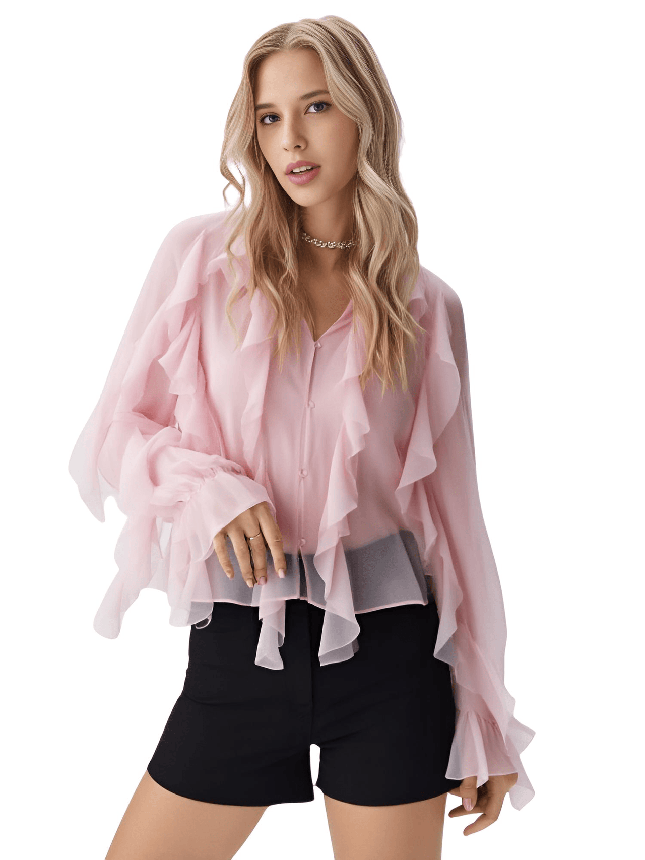 Women's V-Neck Ruffle Blouse Fashion Single Breasted Tiered Translucent Causal Tops Beach Style Solid Shirts, Drestiny, Casual Shirts, Dress Shirts, Long Sleeves, United States, USA, Canada, Australia, New Zealand, United Kingdom, UK, XS, S, M, L, 2, 4, 6, 8, 10, Beige, Wine Red, Red, Black, White, Dusty Blue, Pink, Yellow, Green, Brown,  v-neck ruffle top, women's v-neck blouses, frill neck top, ladies v neck shirt, elegant ruffle blouse, shopdrestiny.com