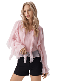 Thumbnail for Women's V-Neck Ruffle Blouse Fashion Single Breasted Tiered Translucent Causal Tops Beach Style Solid Shirts, Drestiny, Casual Shirts, Dress Shirts, Long Sleeves, United States, USA, Canada, Australia, New Zealand, United Kingdom, UK, XS, S, M, L, 2, 4, 6, 8, 10, Beige, Wine Red, Red, Black, White, Dusty Blue, Pink, Yellow, Green, Brown,  v-neck ruffle top, women's v-neck blouses, frill neck top, ladies v neck shirt, elegant ruffle blouse, shopdrestiny.com