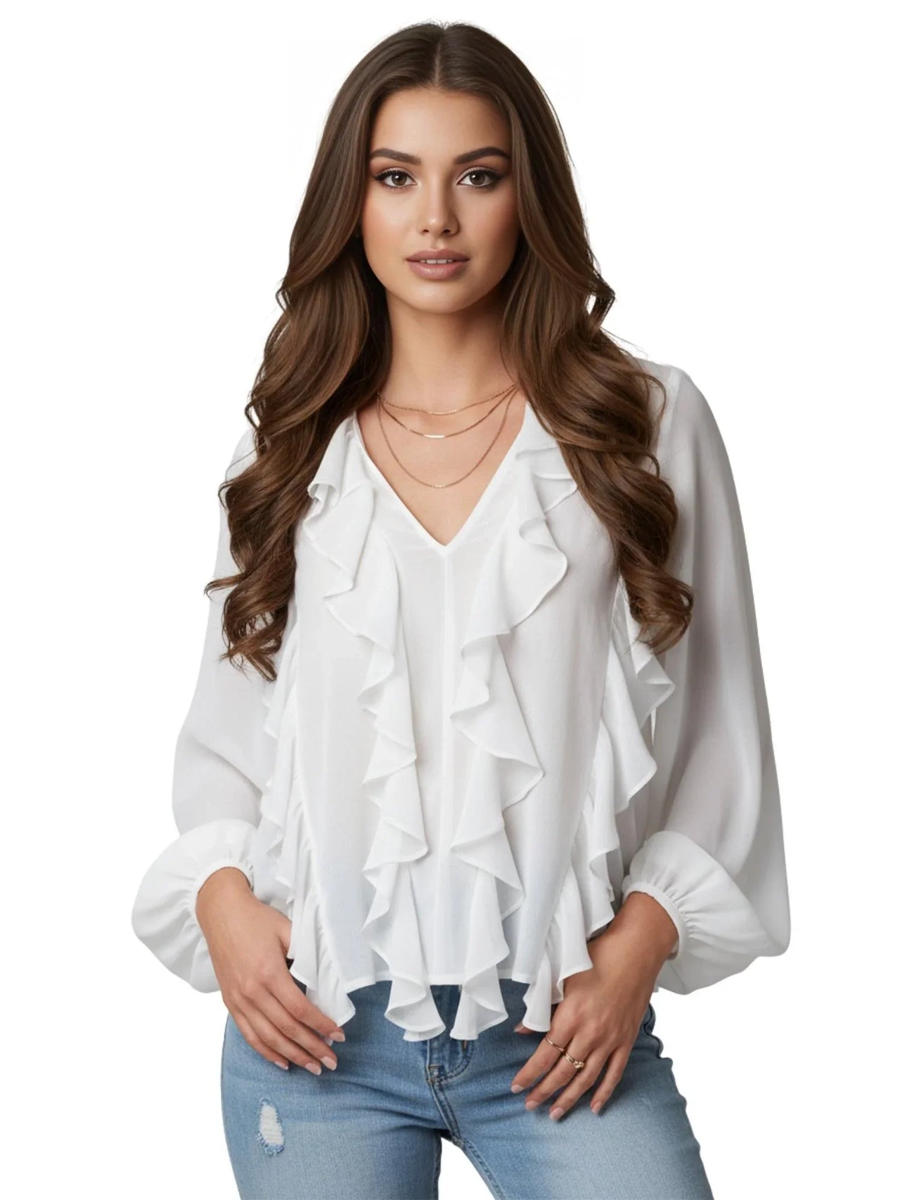Woman wearing a white ruffled blouse and blue jeans on a white background