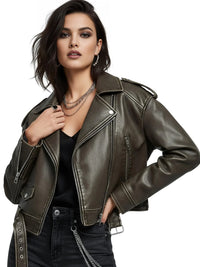 Thumbnail for Women's Vintage Loose Faux Leather Short Jacket With Belt