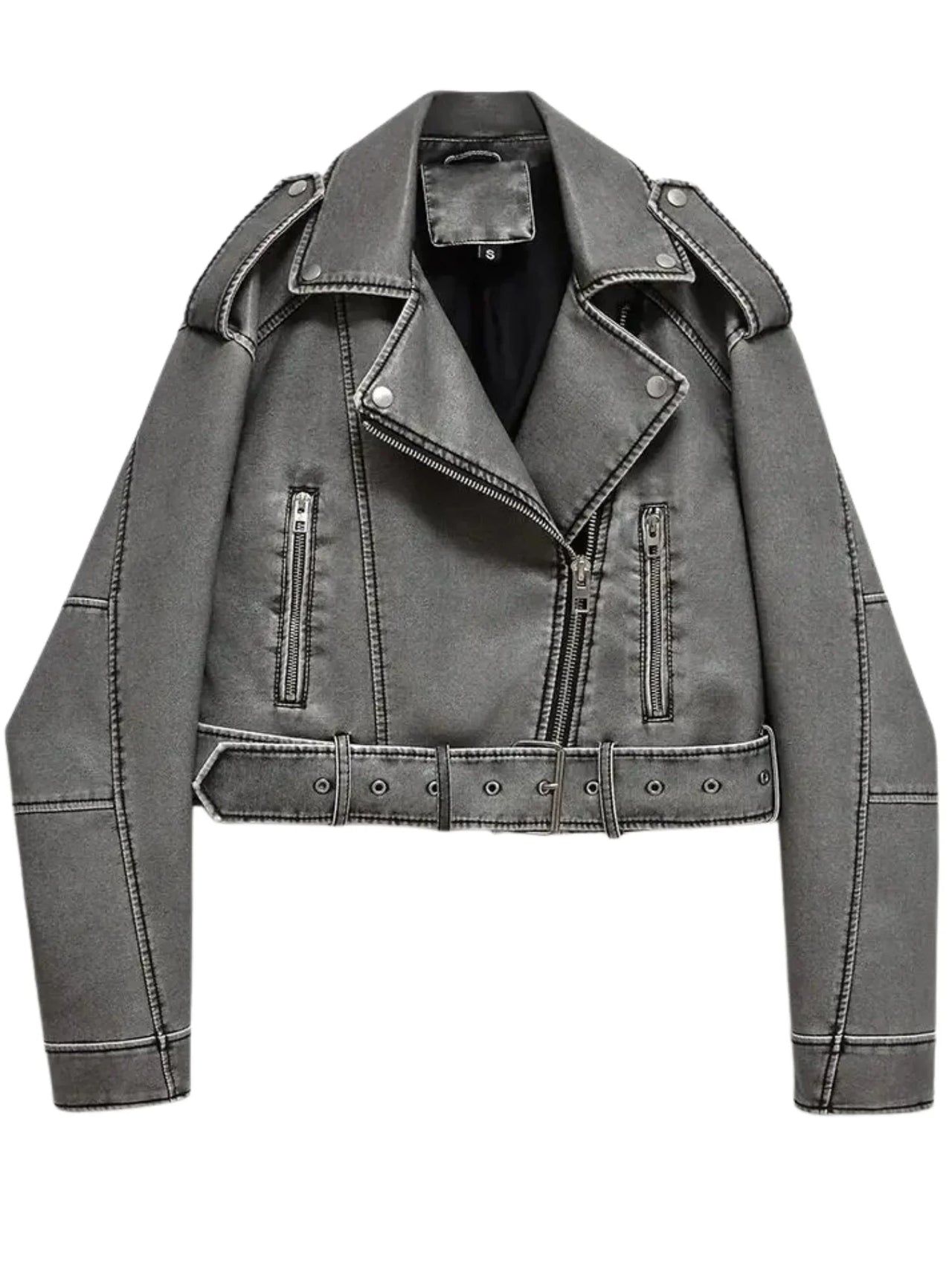 Women's Vintage Loose Faux Leather Short Jacket With Belt