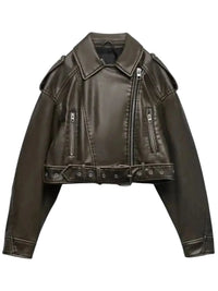 Thumbnail for Women's Vintage Loose Faux Leather Short Jacket With Belt