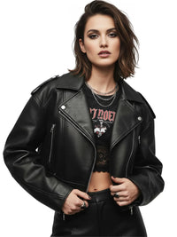 Thumbnail for Woman wearing a black leather jacket over a graphic t-shirt on a white background