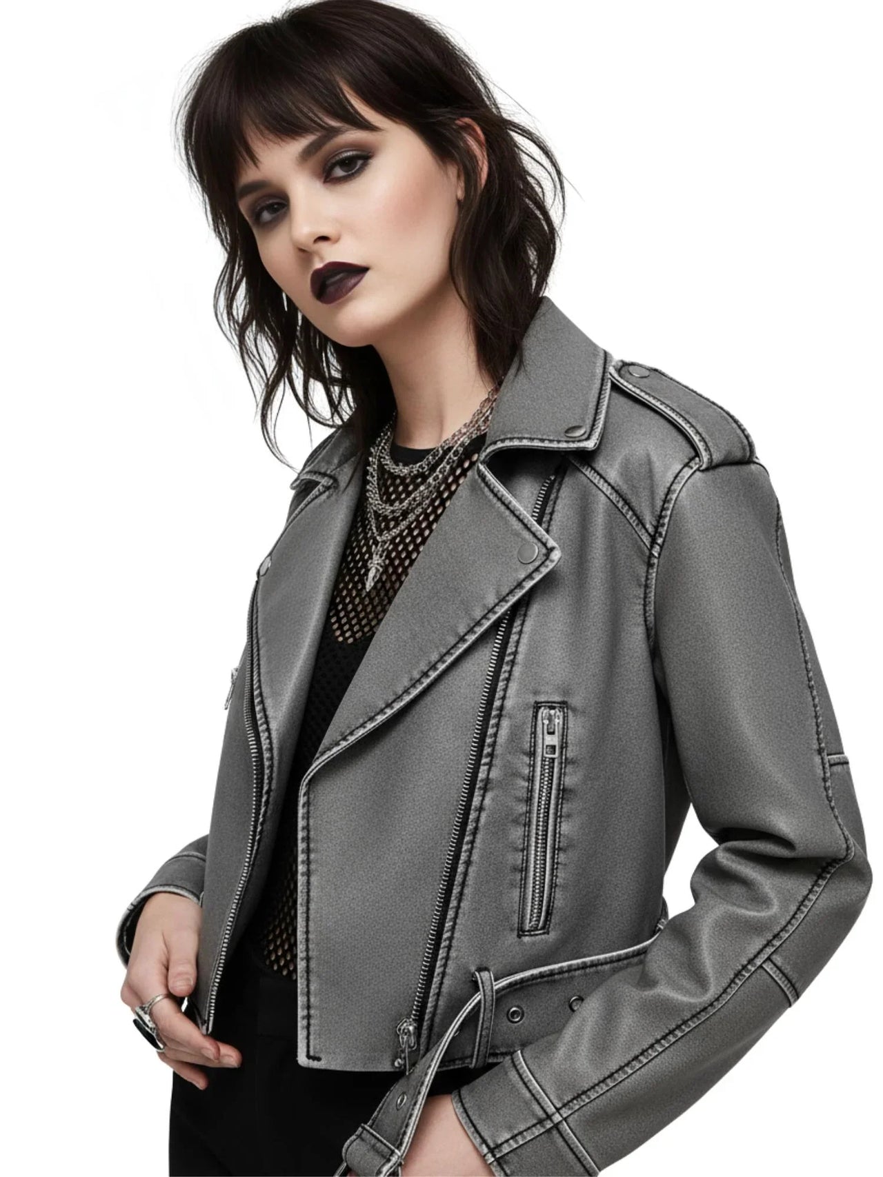 Women's Vintage Loose Faux Leather Short Jacket With Belt
