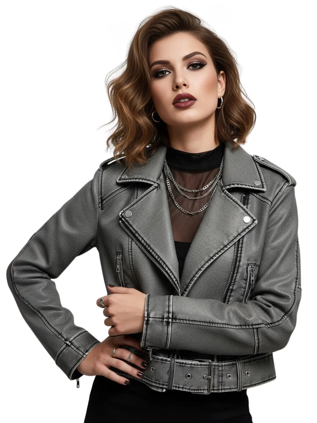 Woman wearing a gray leather jacket on a white background