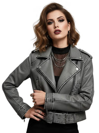 Thumbnail for Woman wearing a gray leather jacket on a white background
