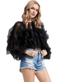 Thumbnail for Women's Vintage Ruffle Shirt O Neck Lantern Long Sleeve Solid Elegant Blouse Female Fashion New Jellyfish Style, Blouses, Casual Shirts, Long Sleeves, S, M, L, XL, United States, Drestiny, USA, Canada, Australia, New Zealand, United Kingdom, UK, Black, Pink, Deep Pink, Light Blue, Apricot, Light Yellow, vintage ruffle blouse women's, retro ruffle shirt for women, women's frilly vintage shirt, retro ruffle top, black ruffle blouse, shopdrestiny.com