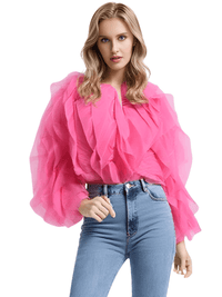 Thumbnail for Women's Vintage Ruffle Shirt O Neck Lantern Long Sleeve Solid Elegant Blouse Female Fashion New Jellyfish Style, Blouses, Casual Shirts, Long Sleeves, S, M, L, XL, United States, Drestiny, USA, Canada, Australia, New Zealand, United Kingdom, UK, Black, Pink, Deep Pink, Light Blue, Apricot, Light Yellow, vintage ruffle blouse women's, retro ruffle shirt for women, women's frilly vintage shirt, retro ruffle top, hot pink ruffle blouse, shopdrestiny.com