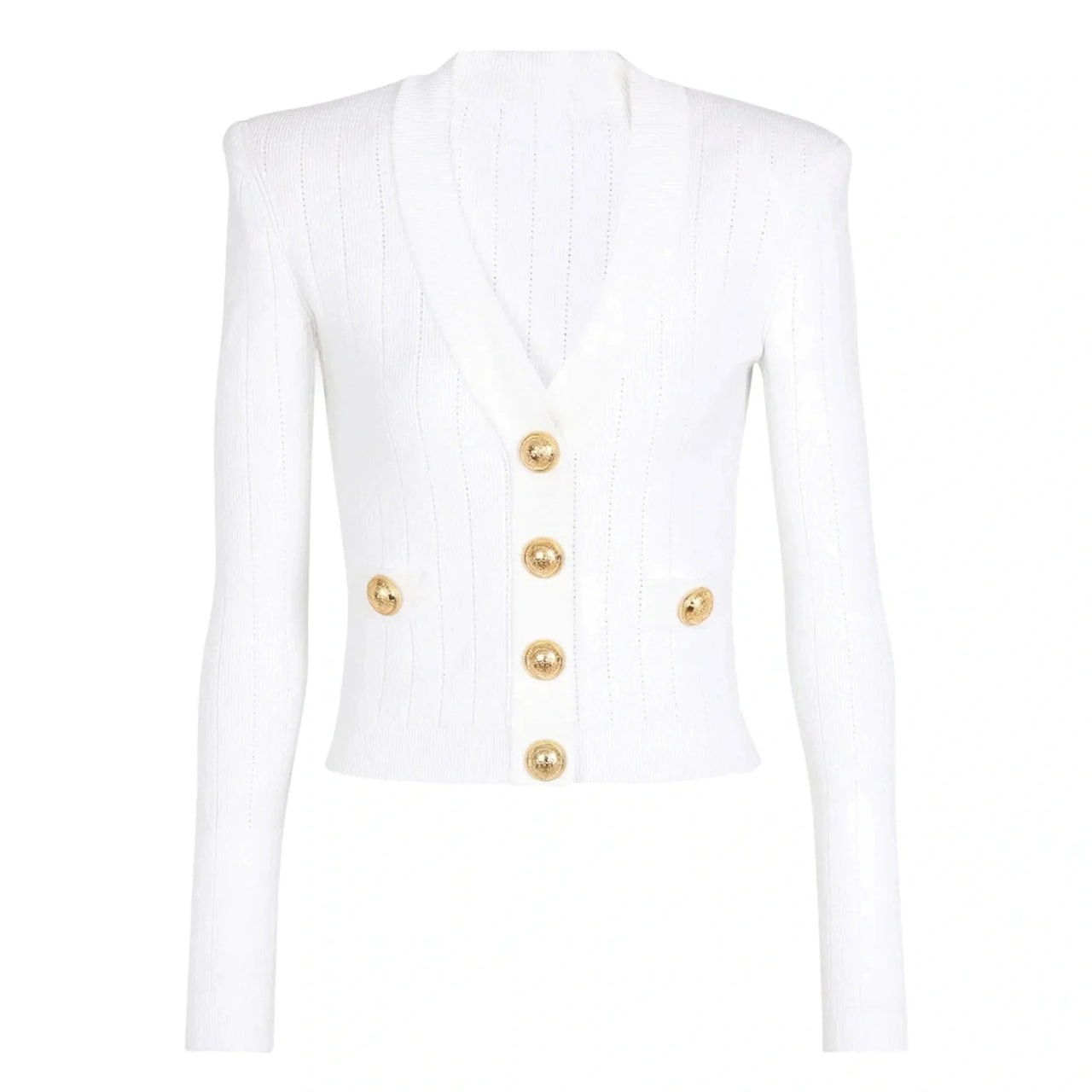 White cardigan with gold buttons on a white background