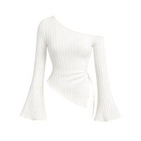 Thumbnail for Women's Off-Shoulder Asymmetrical Shirt Street Style Trumpet Sleeve Top Long Sleeve, Casual Shirts, Long Sleeves, XS, S, M, L, XL, United States, Off Shoulder, USA, Canada, Australia, New Zealand, United Kingdom, UK, Black, Grey, Olive Green, White, Khaki, Dark Olive Green, off the shoulder top, asymmetrical top women's, one shoulder top, off shoulder shirt, asymmetrical off shoulder top, shopdrestiny.com