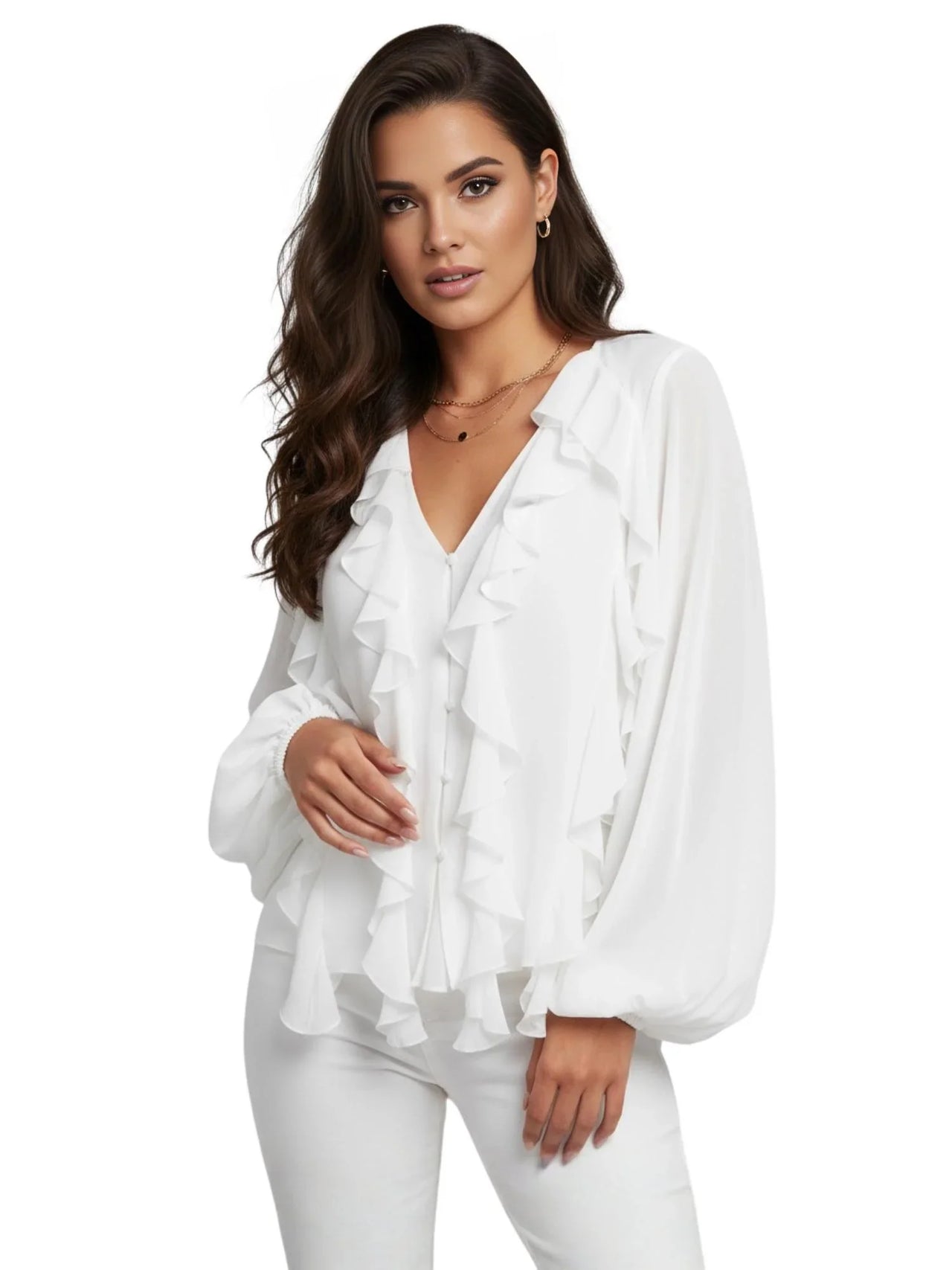 Woman wearing a white blouse with ruffled details on a white background
