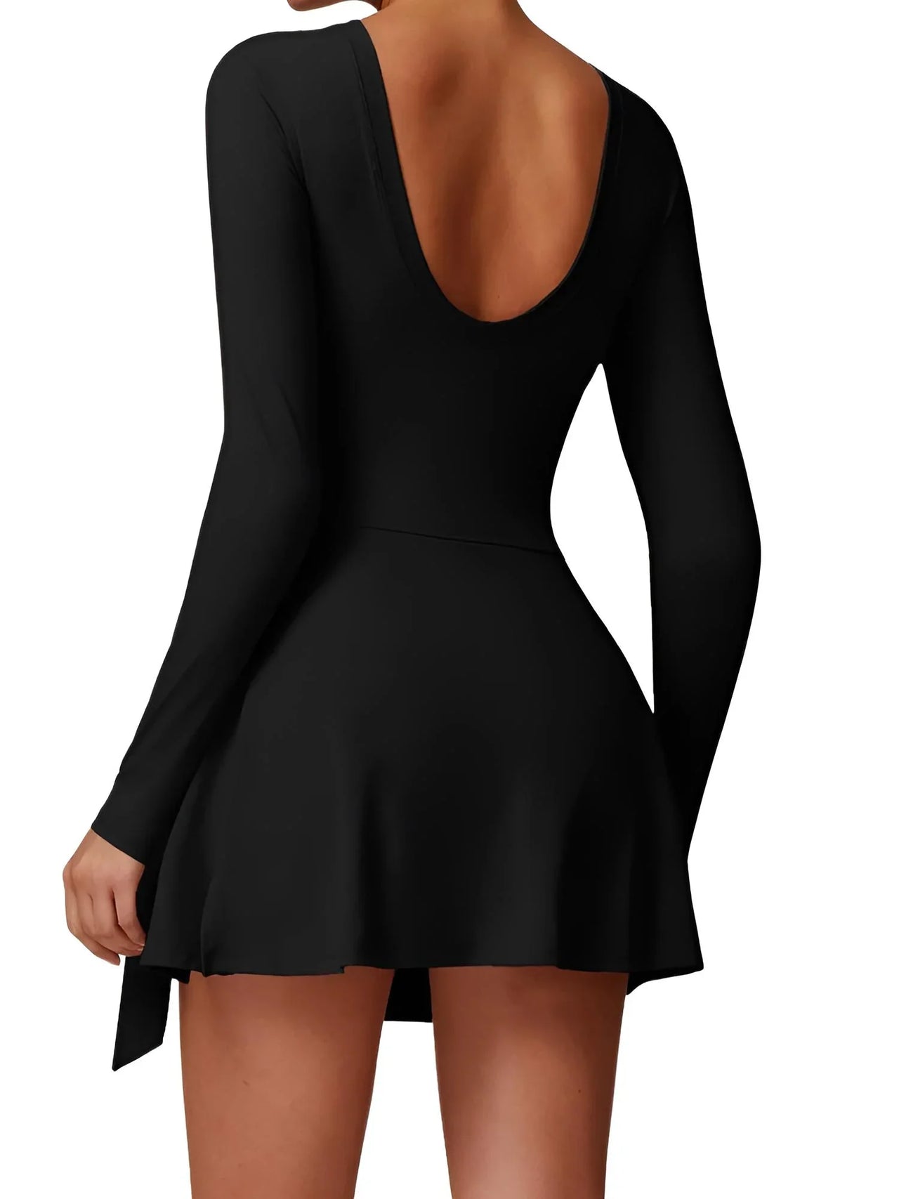 Black long-sleeve dress with open back on a white background