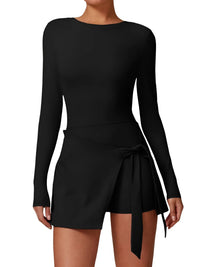 Thumbnail for Black long-sleeve gym set with a tie waist on a white background