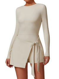 Thumbnail for Beige long-sleeve gym set with a tie detail on a white background