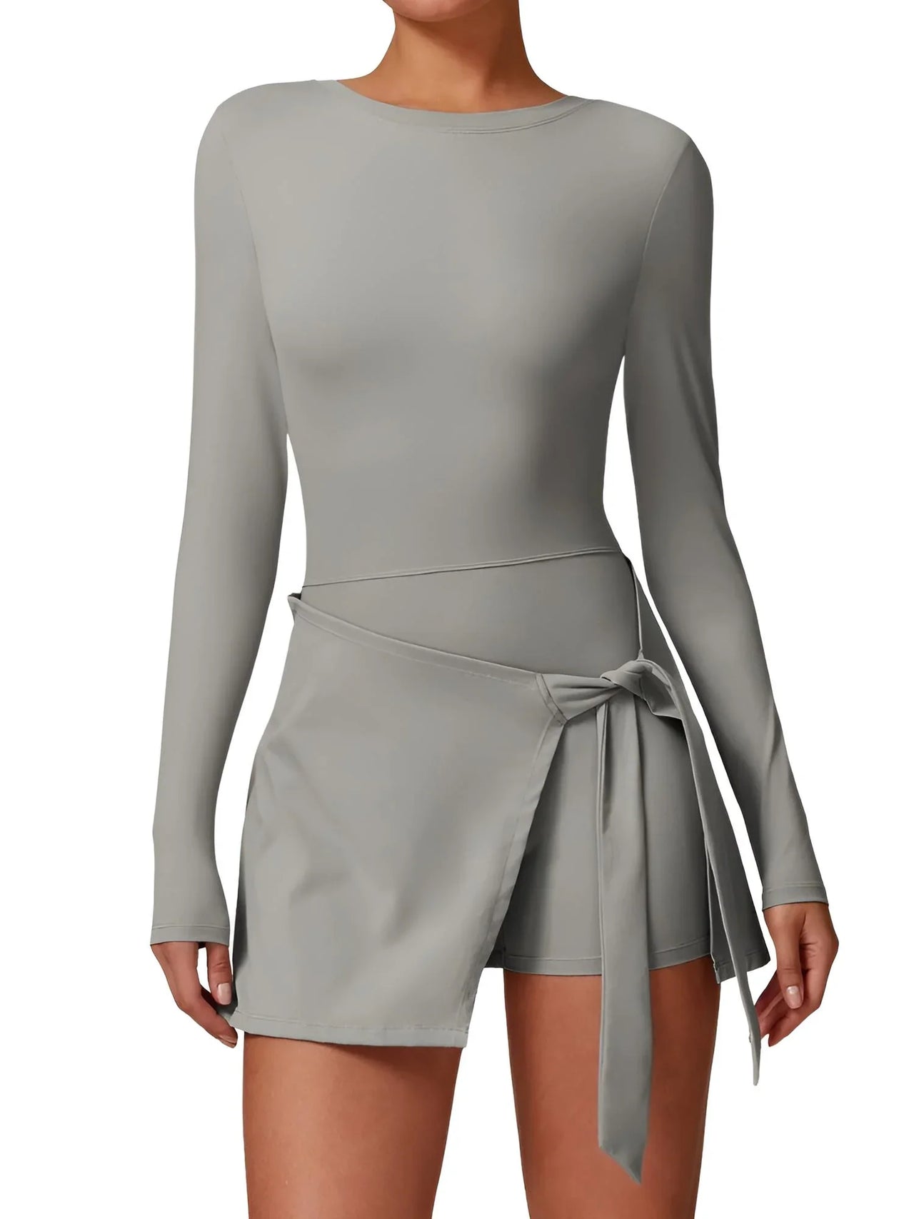 Gray long-sleeve gym set with a tie waist on a white background