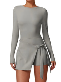 Thumbnail for Gray long-sleeve gym set with a tie waist on a white background