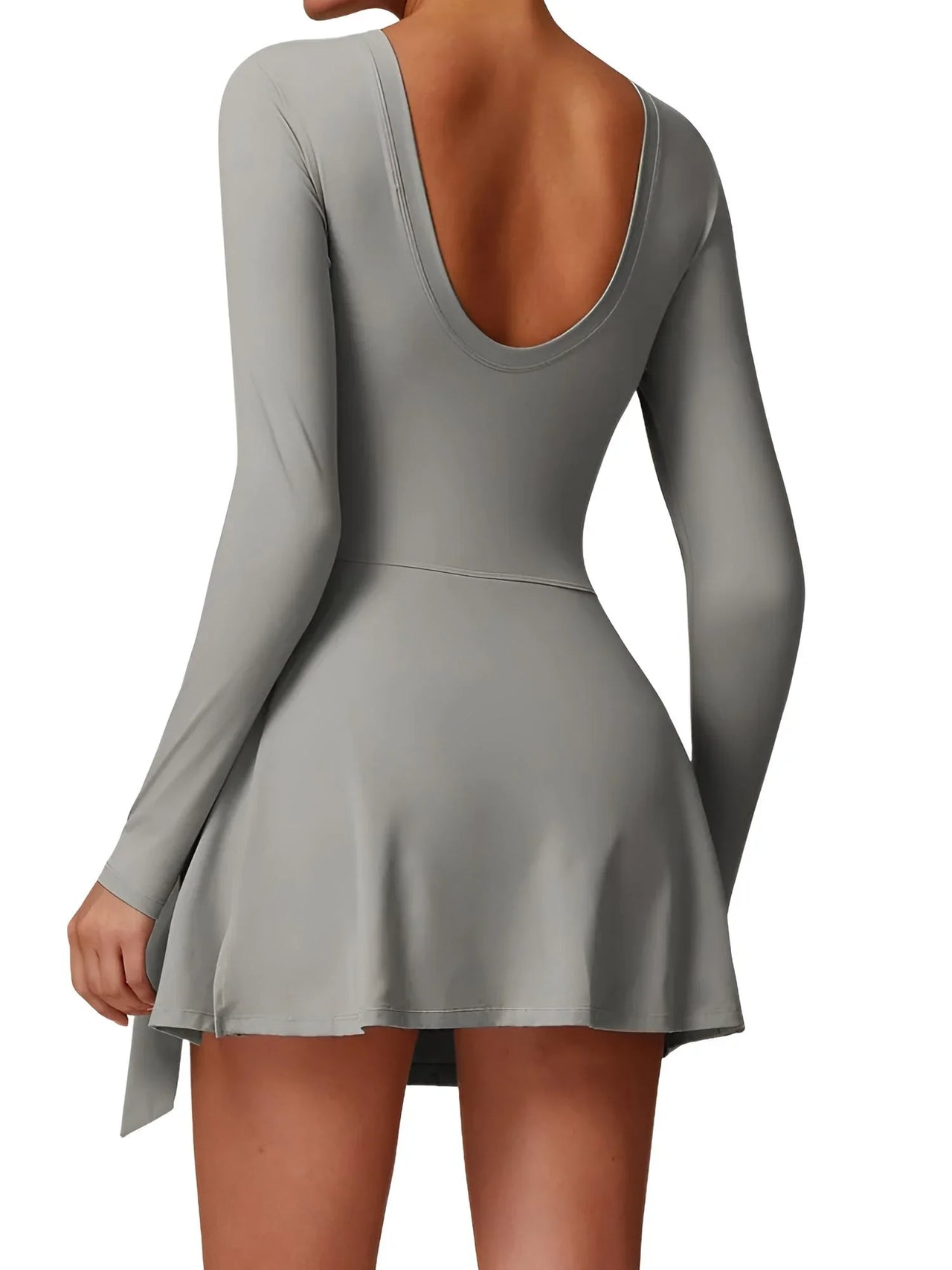 Gray dress with long sleeves and open back on a white background