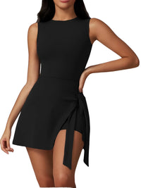 Thumbnail for Black sleeveless  gym dress with a front tie detail on a white background