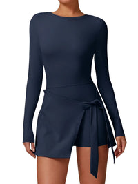 Thumbnail for Navy blue long-sleeve gym set with a tie waist on a white background