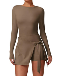 Thumbnail for Brown long-sleeve gym set with a tie waist on a white background