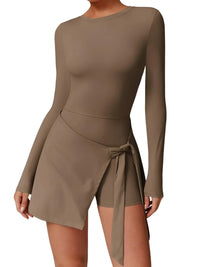 Thumbnail for Brown long-sleeve dress with a tie waist on a white background