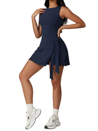 Thumbnail for Woman wearing a navy blue dress with a white background