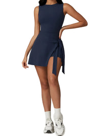 Thumbnail for Navy blue sleeveless dress with a slit on a white background