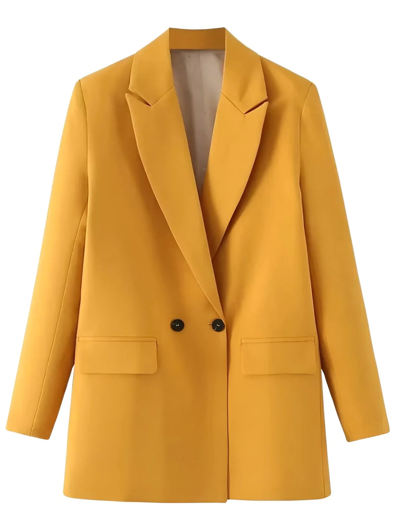 Ginger yellow blazer with black buttons on a white background