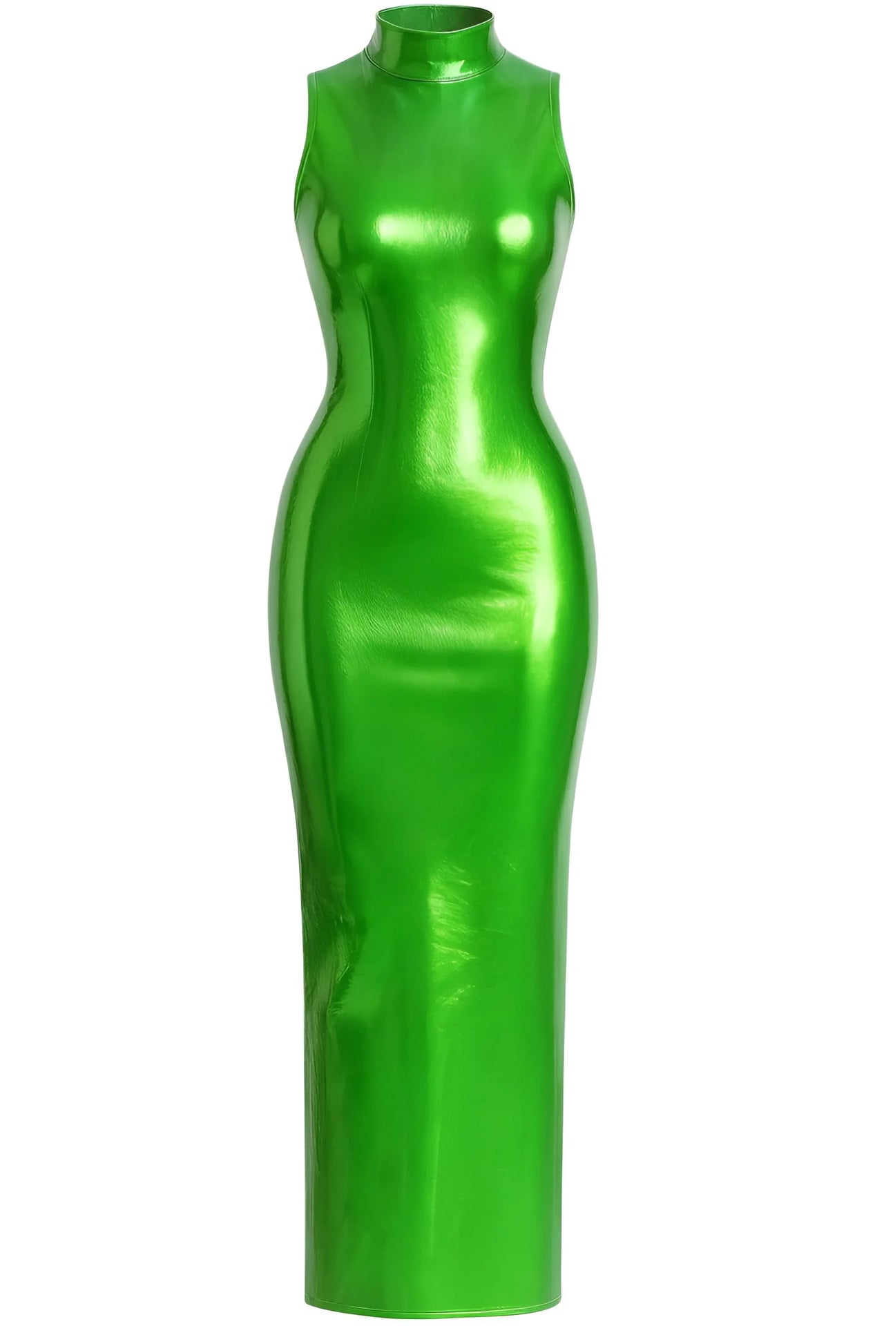 Women's Sleeveless Dress Sexy High Neck Glossy Faux Leather Dress With Back Zipper