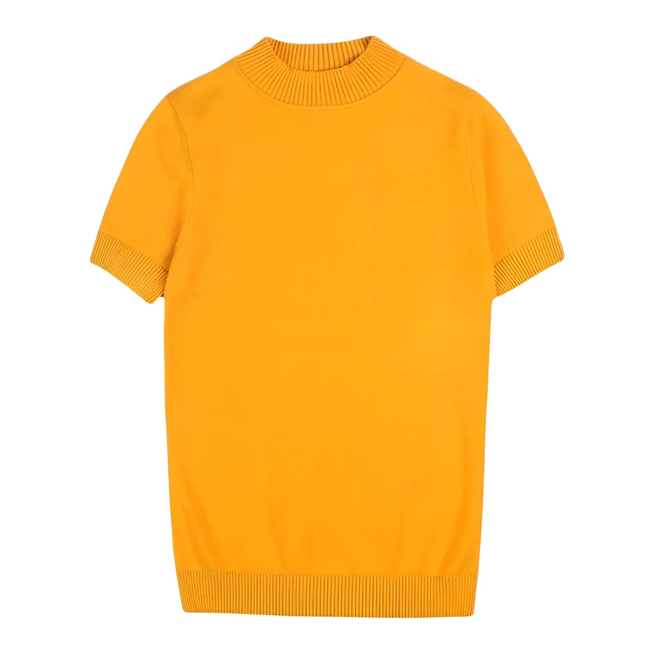 Short sleeve yellow mock neck shirt on a white background