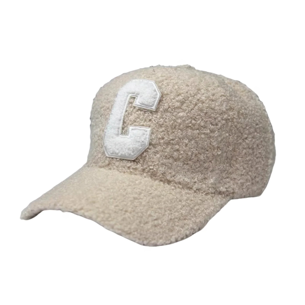 Beige sherpa-lined cap with a white letter 'C' on a white background