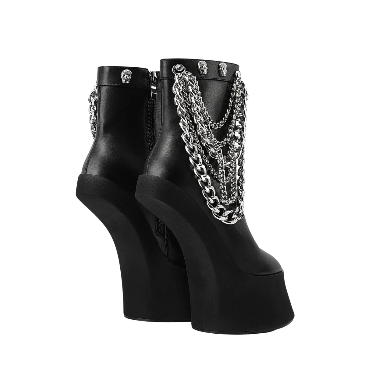 Black platform boots with silver chain detailing on a white background