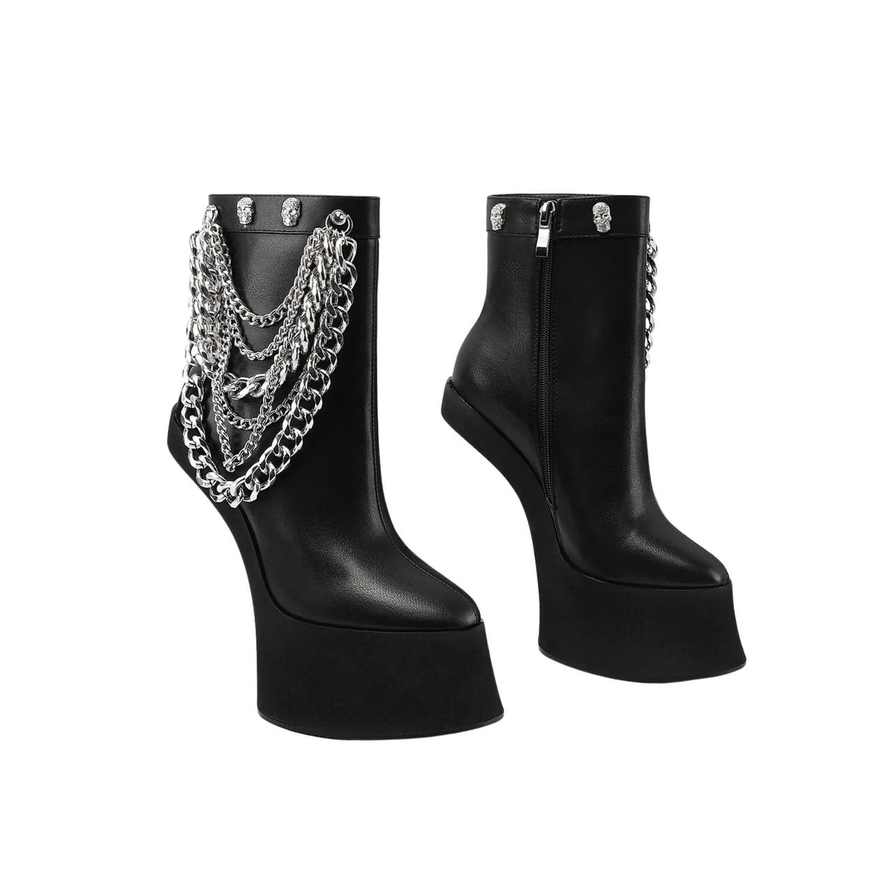 Black high-heeled boots with chain detailing on a white background