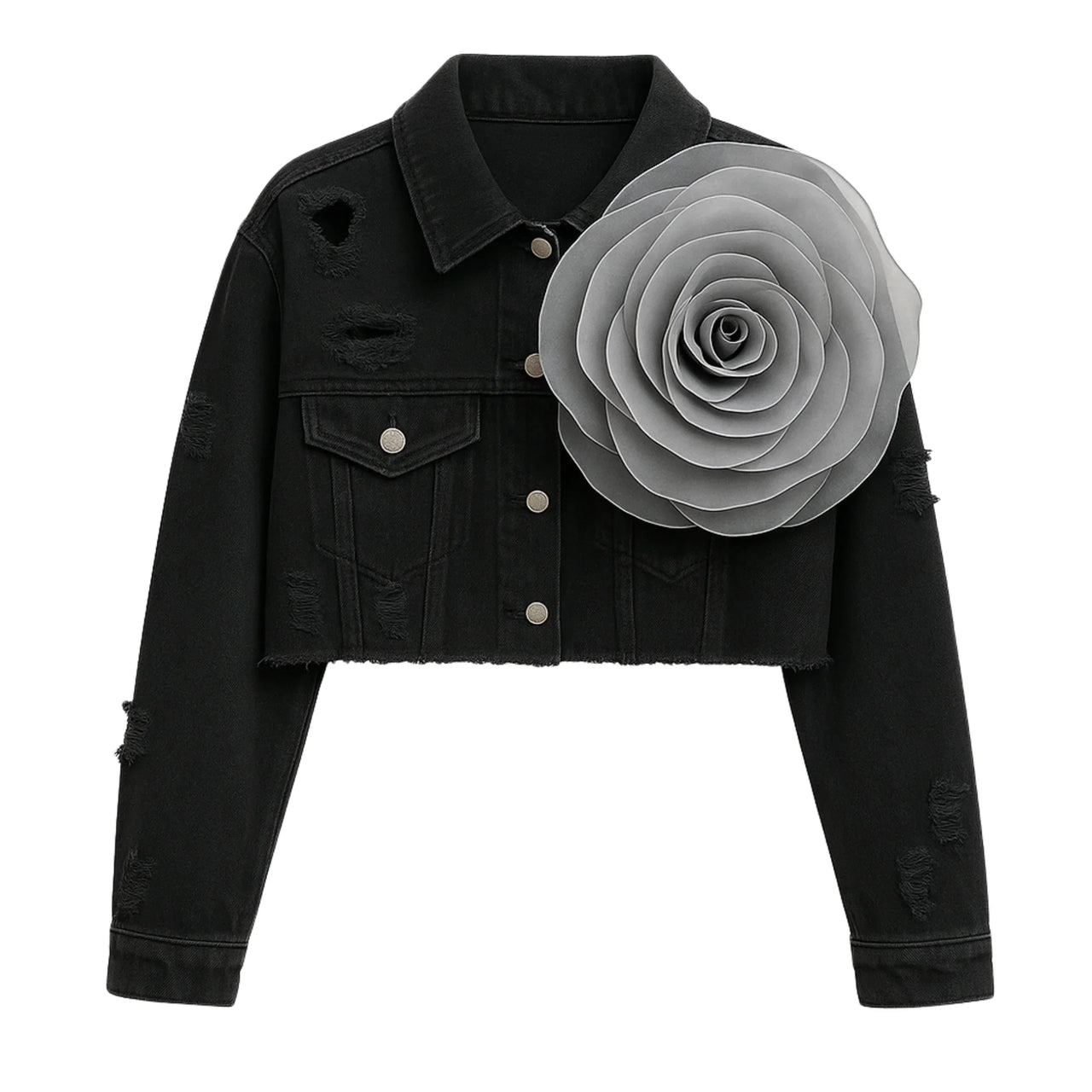 Black denim jacket with a gray flower graphic on a white background