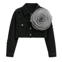 Thumbnail for Black denim jacket with a gray flower graphic on a white background