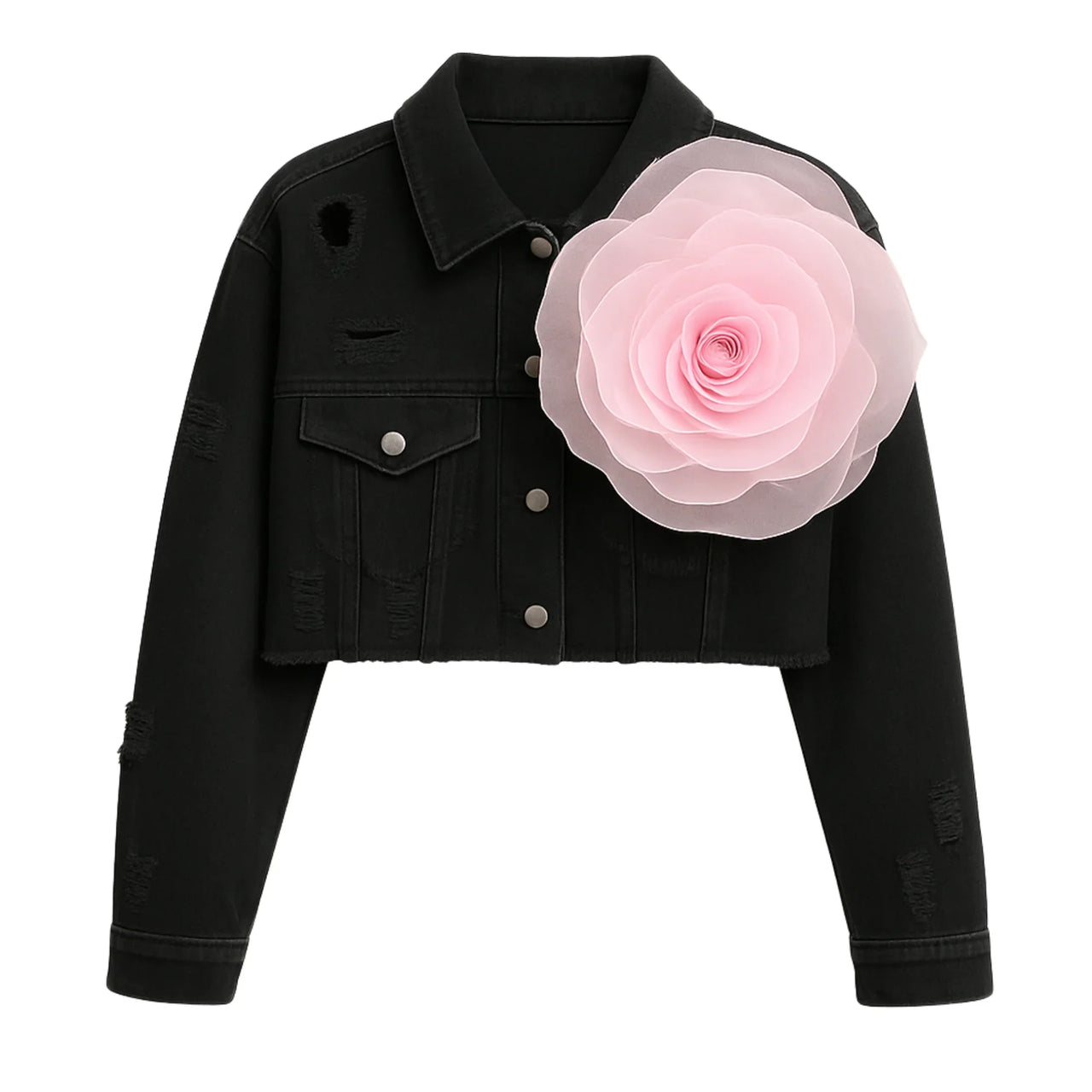 Black denim jacket with a large pink rose on a white background