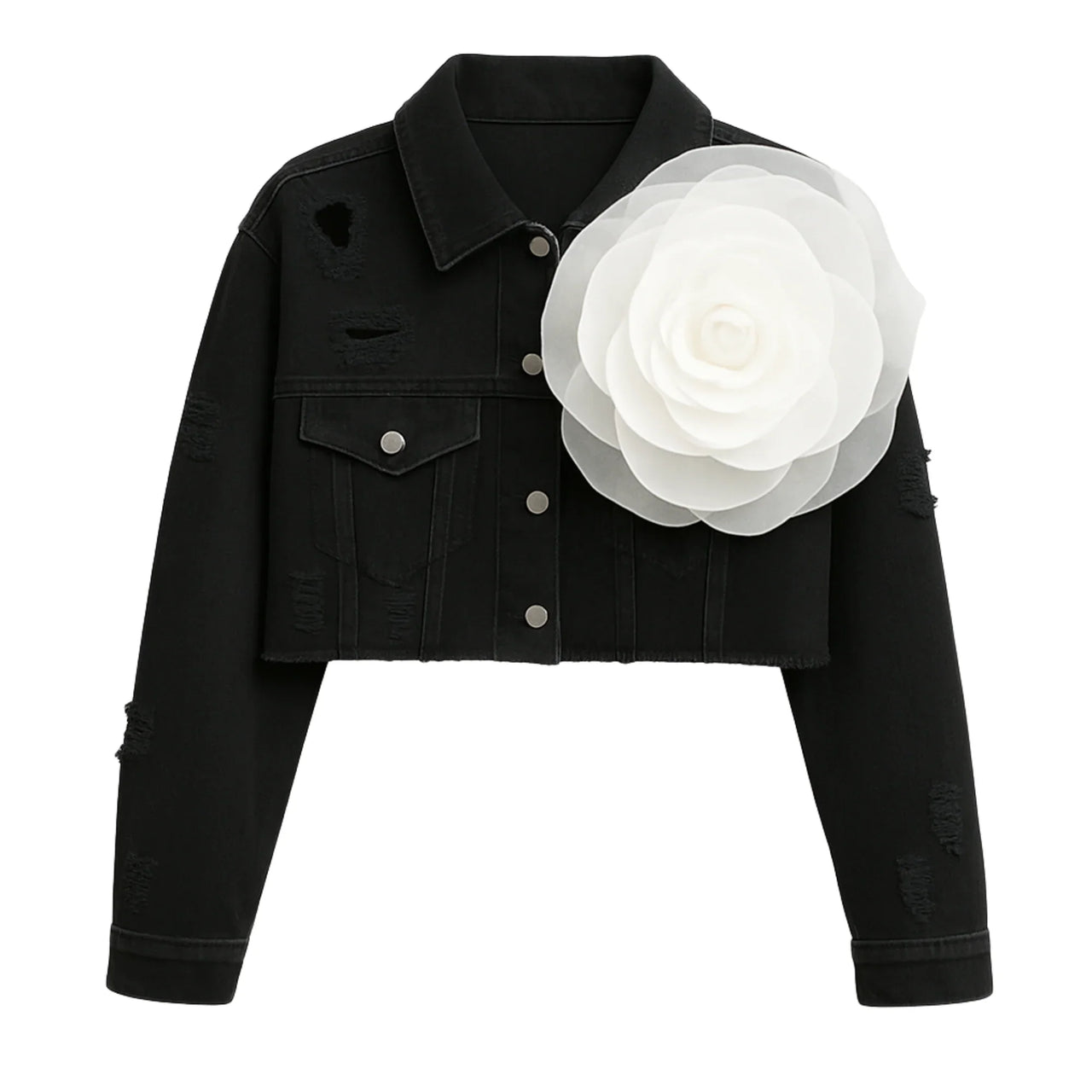 Black denim jacket with a large white flower on a white background